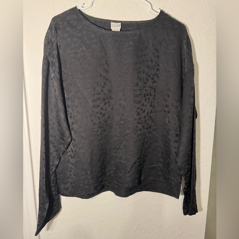 Eileen Fisher Lagenlook Silk Tunic Black Tone On Tone Leaf Long Sleeve Top Small